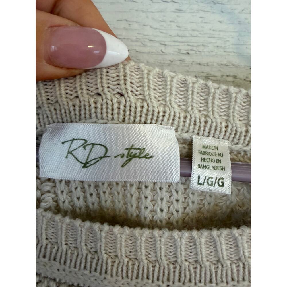 RD Style Cream Knit Sweater Large Chunky Cotton Blend Boho Pullover Raglan - Picture 3 of 8